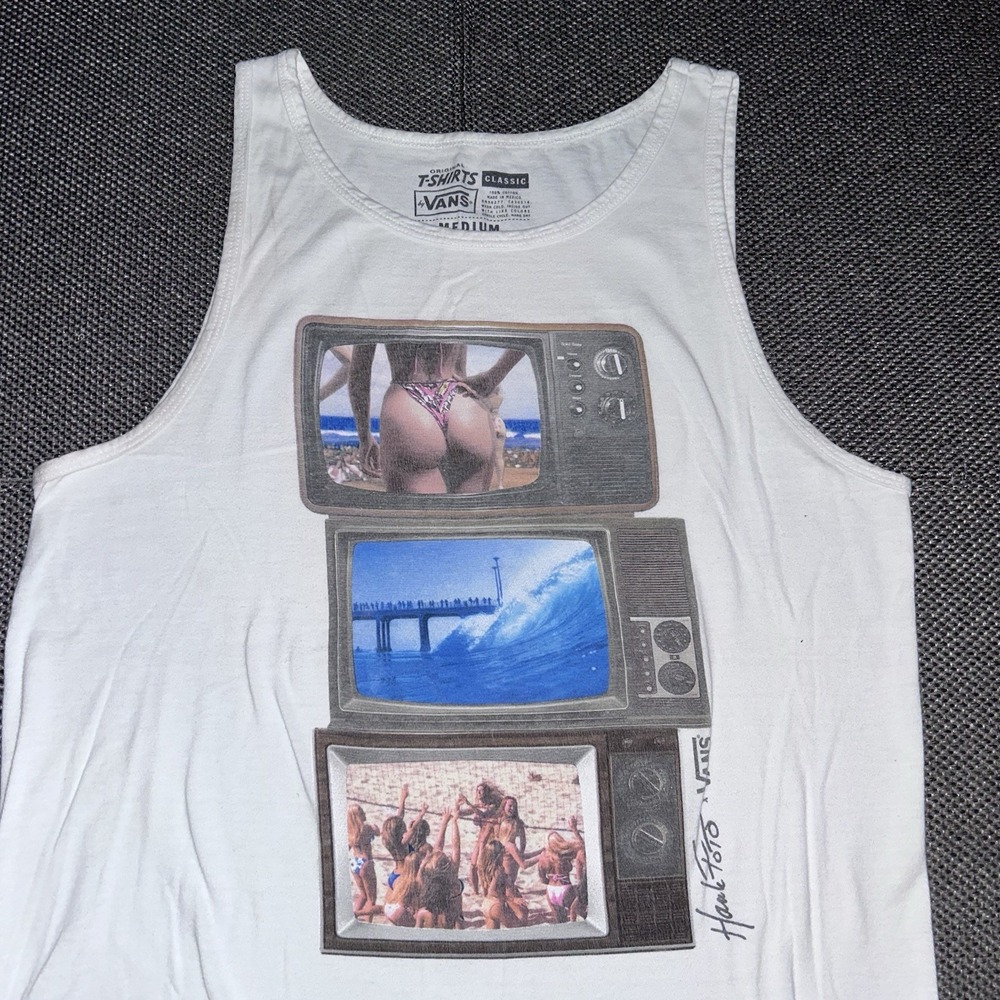 Vans Beach Surf Bikini Girls Retro TV White Graphic Tank Top Mens Size Medium M